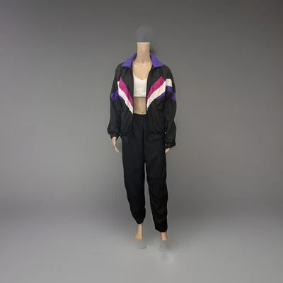 Conjunto de 2 peças jaqueta calça feminina vintage 80 Track Wind Suit tamanho médio preto - Imagem 1 de 4