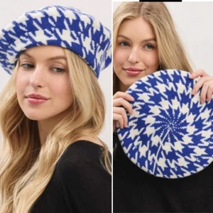Blue and White Houndstooth Print Beret Tam Hat - Picture 1 of 1