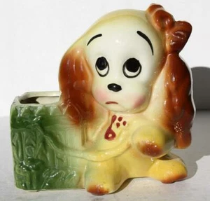 Puppy Dog Figurine Planter Flower Vase Ceramic Porcelain Hand Paint Yellow Brown - Picture 1 of 1