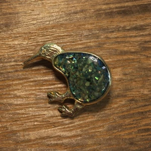 Kiwi Vogel Brosche Anstecknadel Abalone Flocke Konfetti Glitzer Harz goldfarben 1" - Bild 1 von 2