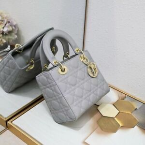 Authentic Christian Dior sheepskin gold buckle four-lattice gray shoulder bag