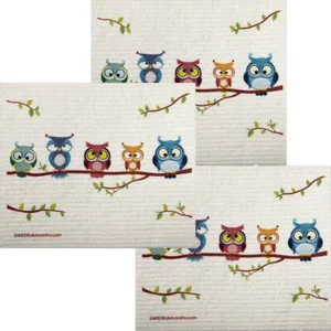 Owl Friends Set of 3 each Swedish Dishcloths | ECO Friendly Absorbent Cleaning C - Picture 1 of 6