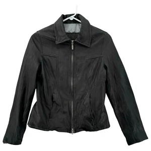 Vintage Guess Leather Jacket Womens Small Black Lined Zip Up Collared Short - Picture 1 of 11