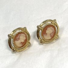 Vintage Signed Pep Erwin Pearl Cameo Pierced Earrings Gold Tone Oval