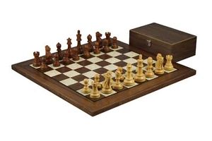 Walnut Chess Set 20 Inch With Helena Mother of Pearl Flat Chess Board and Weight - Picture 1 of 10