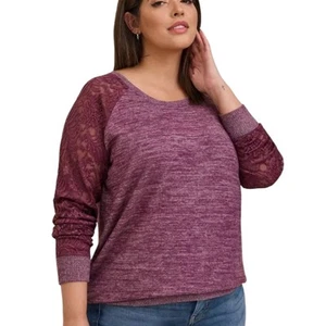 Suéter Raglán Torrid SUPER SUAVE PELUCHE Talla 5 Manga de Encaje Ciruela Jaspeada. - Imagen 1 de 11