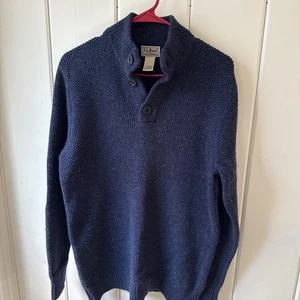 LL Bean 100% Lambswool Sweater 1/4 Button Navy Mens Size MedTall 42”x30” - Picture 1 of 9