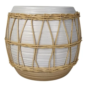 Vase Wanddeko Rattan und Keramik Blumenvase Wandvase hängend Hängetopf Topf weiß - Bild 1 von 5