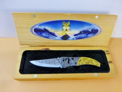 Cuchillo Plegable de Bolsillo Grande Elk Ridge Woolf Mango Grabado Como Nuevo en Caja de Madera Foto 1 de 4