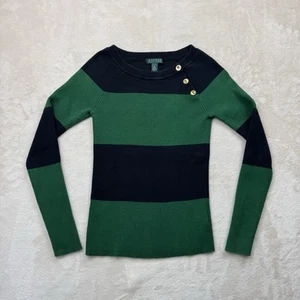 Lauren Ralph Lauren Stripe Sweater Small Green Navy Gold Button Crew Neck Knit - Picture 1 of 9
