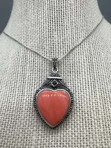 925 Sterling Silver MOP & Coral Marcasite Heart Dual Side Pendant Necklace 18” - Picture 1 of 8