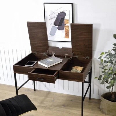 【US】Oak and Black 1-Drawer Writing Desk w/USB Port - Image 1 of 4