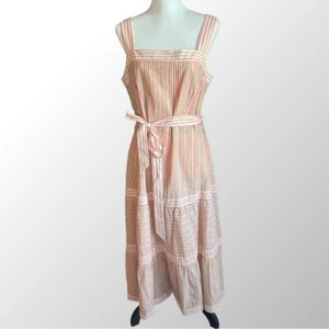 Talbots Dress NWT Size 10 Peach & Yellow Stripe Tie-Waist Cotton Midi Sundress - Picture 1 of 11