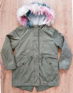 Next Girl Warm Winter Jacket Coat Green Fur Hood Size 7 Years