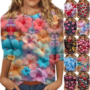 3/4 Sleeve Shirts For Women Print Tees Blouses Casual Plus Size Basic Tops - Picture 1 of 42