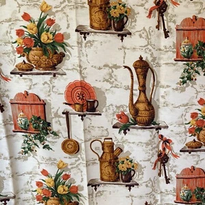 Vintage 60s KITCHEN WALL Tulips Pitchers Print FABRIC 44" x 68" - Picture 1 of 3