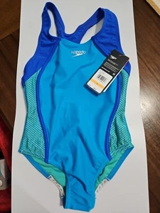 Speedo Girl's Swimsuit One Piece Mesh Splice Thick Strap , Cyan, 7 - Picture 1 of 8