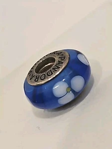 Authentic Pandora Charm Blue Murano white Flowers #790609 Silver rare - Picture 1 of 5