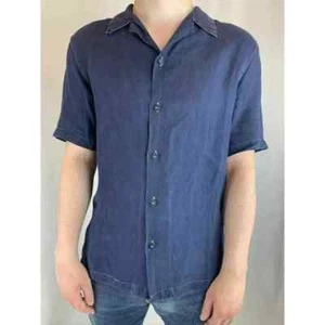 Armani Jeans Navy Linen Short Sleeve Button Up - Cuban Collar - Picture 1 of 7