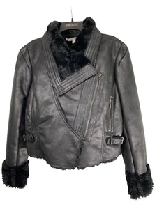 Women’s Jennifer Lopez Faux Suede Faux Fur Motorcycle Jacket Black Size L EUC - Picture 1 of 13