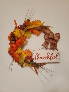 THANKFUL orange yellow FLOWERS pumpkins WREATH FALL autumn Decor Front Door 16" - Picture 1 of 5