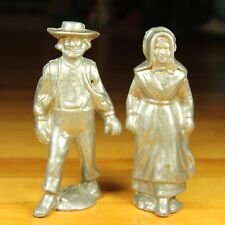 Pioneer People Couple Figurines Statues Silver Tone Cast Metal Farmer Amish 5"