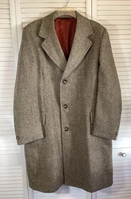 Vintage Woolmark 100% Pure Wool Brown Herringbone Coat Mens XL 48” Overcoat EUC - Image 1 of 4