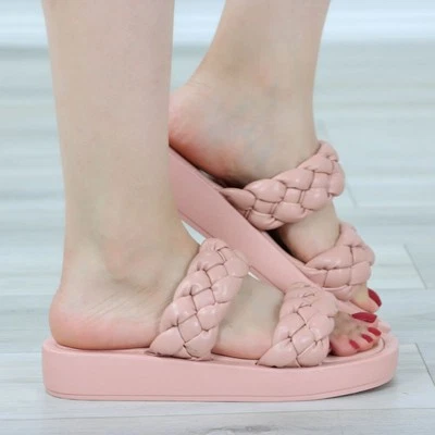 Open Toe Flip Flops Slide Sandal Faux Leather Braided Straps Slipper Slip On - Image 1 of 4
