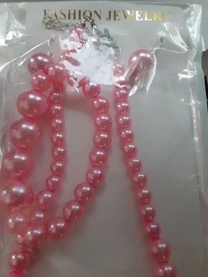 New Fashion Jewelry Pink Beaded Necklace Earrings Bracelet Dress Up Costume - Image 1 of 4