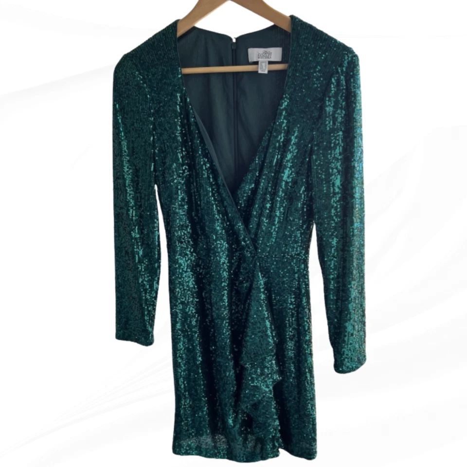 Belle Badgley Mischka Size 10 Sequin Wrap Mini Dress Emerald Green Party Holiday - Image 1 of 4