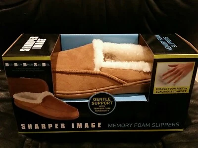 NIB Mens SHARPER IMAGE Brown Memory Foam Gentle Support Temperature Slippers lar - Image 1 of 4
