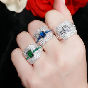 Versilbertes grün Kubik Zirkon Stein Braut Cocktail Hochzeitsband quadratischer Ring - Bild 1 von 14