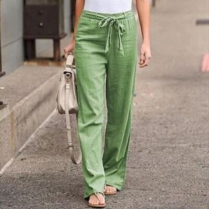 Women Cotton Linen Trousers Straight Leg Casual Loose Summer Slacks Pants Plus** - Picture 1 of 18