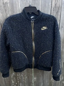 Nike Girls Black Gold Fur Bomber Jacket Size XL - Picture 1 of 5