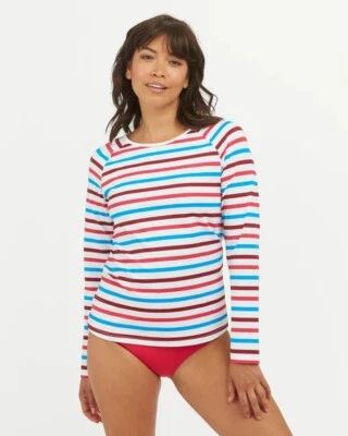 Camisa de natação Spanx feminina tamanho M listrada azul vermelha branca piscina de praia - Imagem 1 de 4