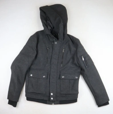 H&M - MEN'S GRAY WOOL BLEND HOODED MOTO STYLE WINTER COAT - SIZE 36 - Image 1 of 4