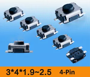 3x4x2mm to 2.5mm Momentary Push Button Tactile Switch SMD SMT PCB Mounted 4-Pin - Picture 1 of 3