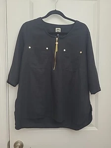 Anne Klein Women's Shirt Sz 2X Linen Blend Black 1/2 Zip Popover Top Pockets  - Picture 1 of 13