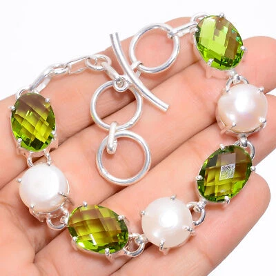 Lab-Created Peridot Biwa Pearl Gemstone 925 Silver Handmade Bracelet 6-8" ARB781 - Image 1 of 3