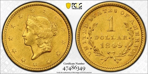 1849 LIBERTY GOLD DOLLAR OPEN WREATH PCGS GENUINE AU DETAILS HARSHLY CLEANED G$1 Cover