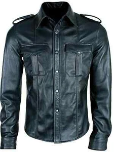 Men's Real Lamb Leather Police Uniform Shirt Long Sleeve BLUF Black Shirt - Picture 1 of 3