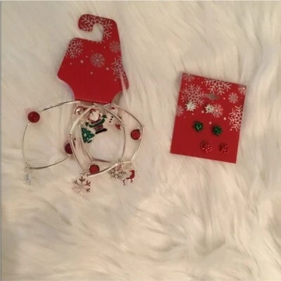 RED Bead & Christmas charm stretch bracelets set with set of 3 bow ear… - Image 1 of 4