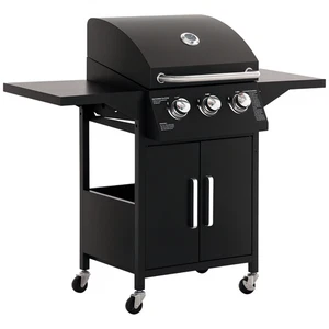 Outsunny 3 Burner Gas Grill Portable BBQ Trolley w/ 4 Wheels and Side Shelves - Picture 1 of 11