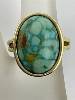 Conjunto de bisel de oro amarillo sólido de 14K ovalado cabujón turquesa estilo cúpula anillo para damas Foto 1 de 4