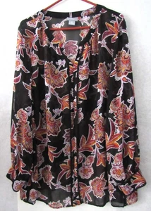Liz Claiborne Damenbluse transparent schwarz mit Blumendruck Top Tunika Größe 3X - Bild 1 von 5