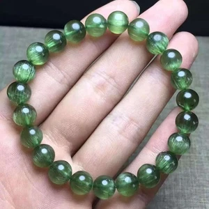 Bracciale Perline Tonde Quarzo Rutilato Verde Occhio di Gatto Naturale - Foto 1 di 4