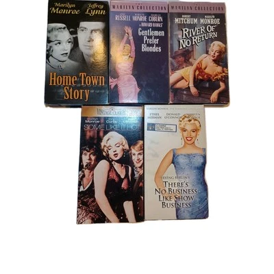 Lot of 5 Marilyn Monroe VHS Movies Untested Case Damage Wear and Top Open on One Foto 1 de 4