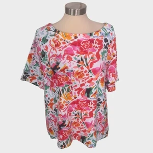 Chico's Kurzarm Hemd Blumen Gr. 3 XL 100% Pima Baumwolle rosa orange grün - Bild 1 von 8