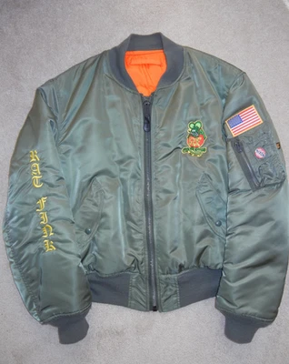 VINTAGE CUSTOM RAT FINK MEN'S MA-1 MILITARY FLYERS JACKET BY ALPHA USA LARGE - Image 1 of 4