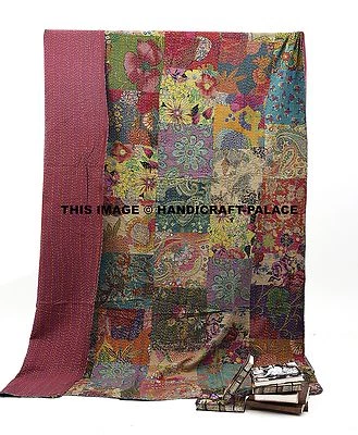 ALGODÓN KANTHA COLCHA COLCHA MANTA TIRO INDIO TAMAÑO DOBLE RETAZOS FLORALES Foto 1 de 3